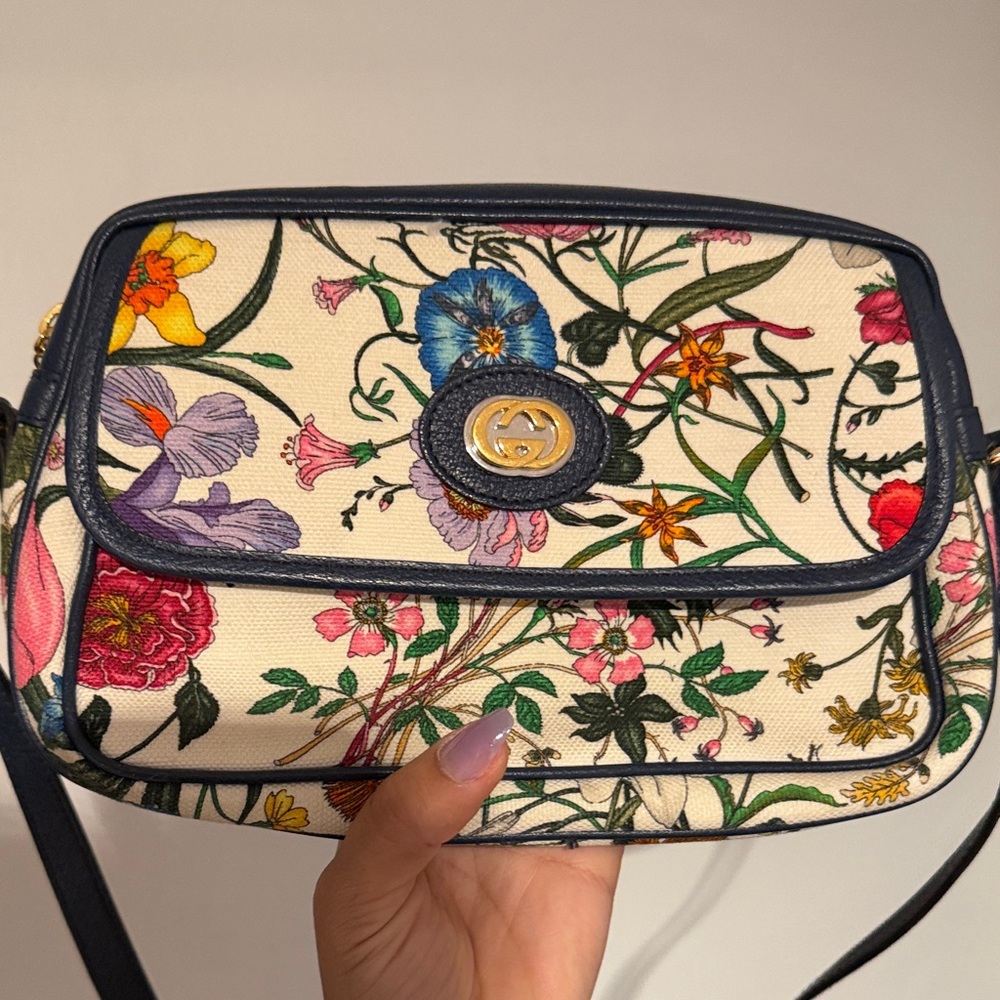 Gucci Floral Canvas Crossbody Bag - Blue and Cream
